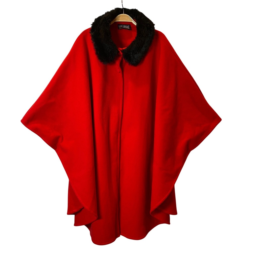 Lane Bryant Old Hollywood Glam Red Cape Coat Women OS Faux Fur Collar Holiday
